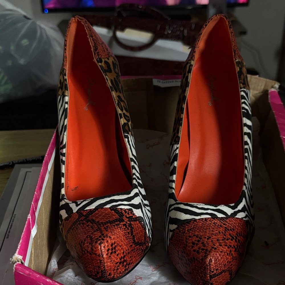 Qupid Orange and Black Animal Print Heels